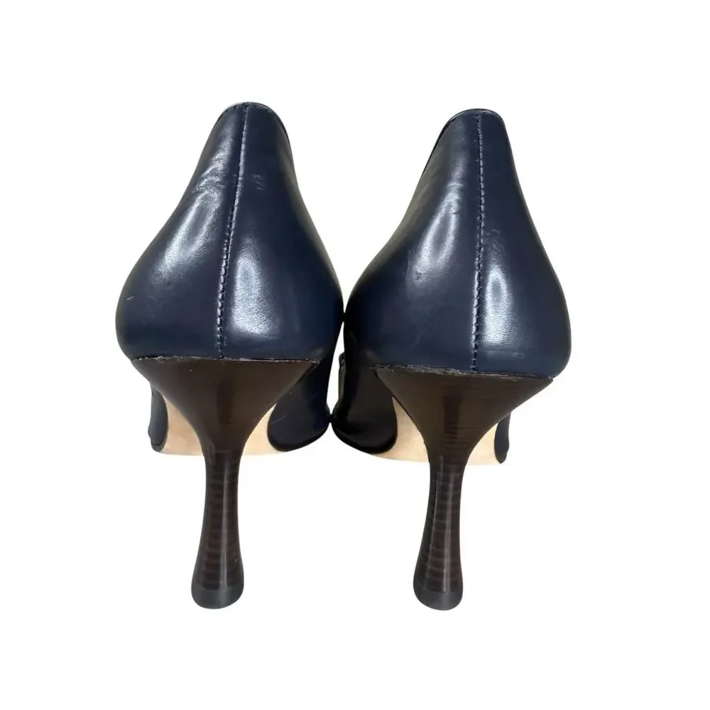 Tory Burch Jessa Pointed Toe Leather Pumps Navy Gold Chain Heels Size 7M